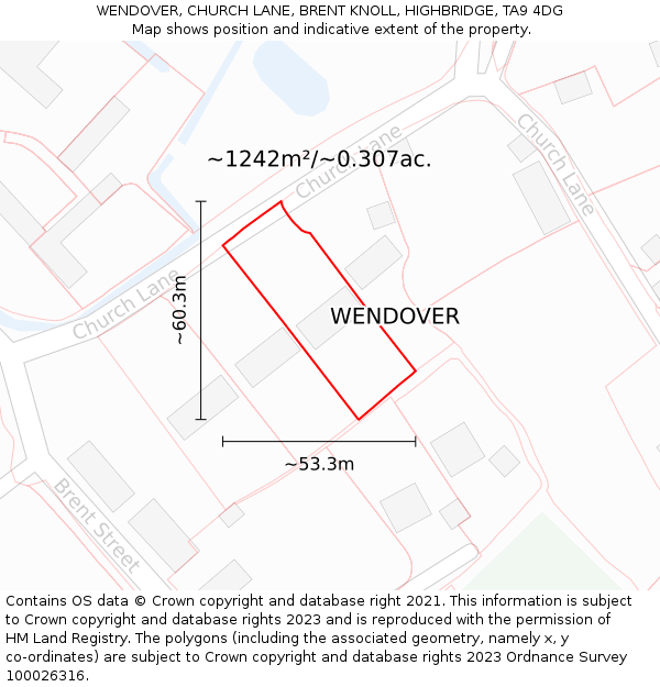 WENDOVER, CHURCH LANE, BRENT KNOLL, HIGHBRIDGE, TA9 4DG: Plot and title map