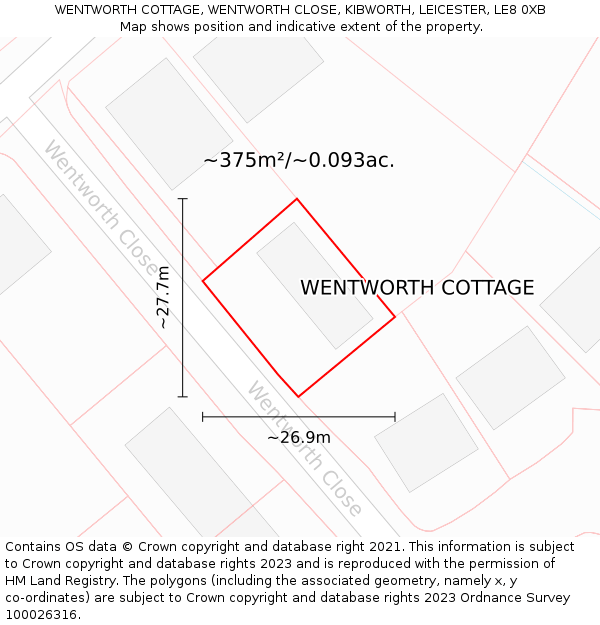 WENTWORTH COTTAGE, WENTWORTH CLOSE, KIBWORTH, LEICESTER, LE8 0XB: Plot and title map