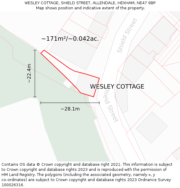 WESLEY COTTAGE, SHIELD STREET, ALLENDALE, HEXHAM, NE47 9BP: Plot and title map