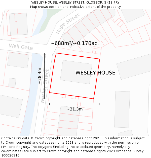 WESLEY HOUSE, WESLEY STREET, GLOSSOP, SK13 7RY: Plot and title map