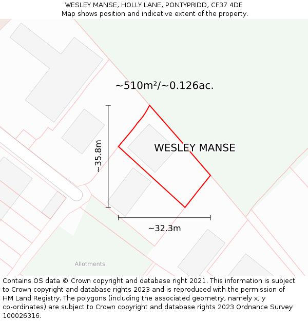 WESLEY MANSE, HOLLY LANE, PONTYPRIDD, CF37 4DE: Plot and title map