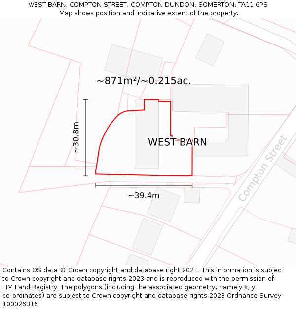 WEST BARN, COMPTON STREET, COMPTON DUNDON, SOMERTON, TA11 6PS: Plot and title map