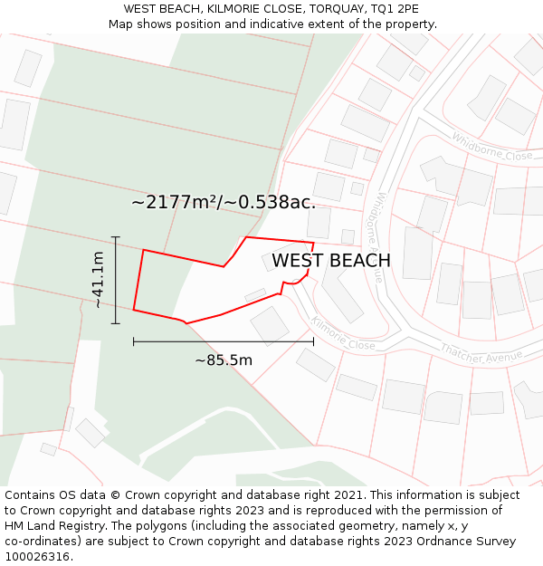 WEST BEACH, KILMORIE CLOSE, TORQUAY, TQ1 2PE: Plot and title map