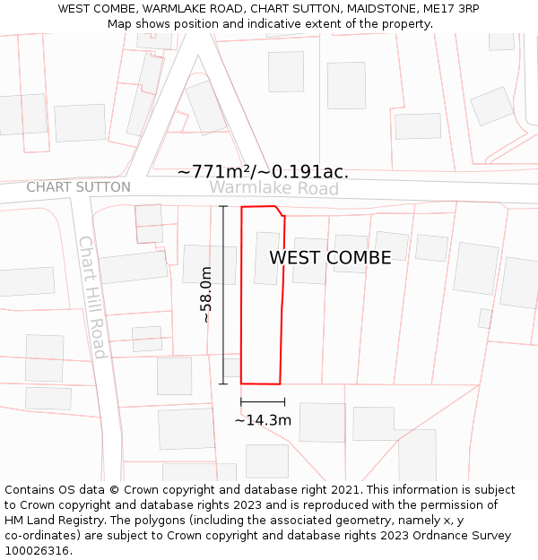 WEST COMBE, WARMLAKE ROAD, CHART SUTTON, MAIDSTONE, ME17 3RP: Plot and title map