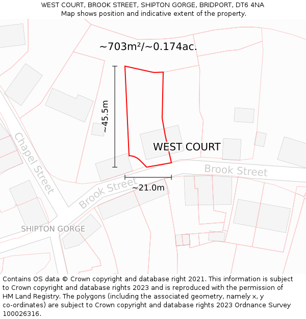 WEST COURT, BROOK STREET, SHIPTON GORGE, BRIDPORT, DT6 4NA: Plot and title map