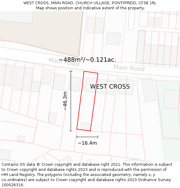 WEST CROSS, MAIN ROAD, CHURCH VILLAGE, PONTYPRIDD, CF38 1RL: Plot and title map