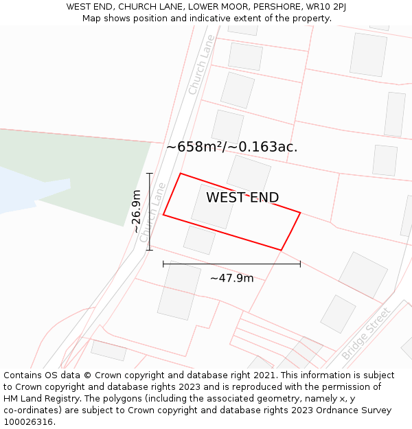 WEST END, CHURCH LANE, LOWER MOOR, PERSHORE, WR10 2PJ: Plot and title map