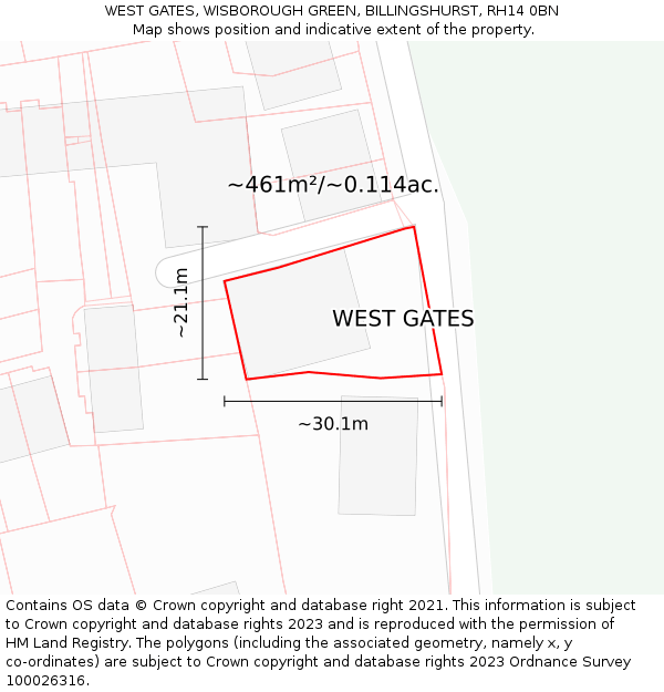 WEST GATES, WISBOROUGH GREEN, BILLINGSHURST, RH14 0BN: Plot and title map