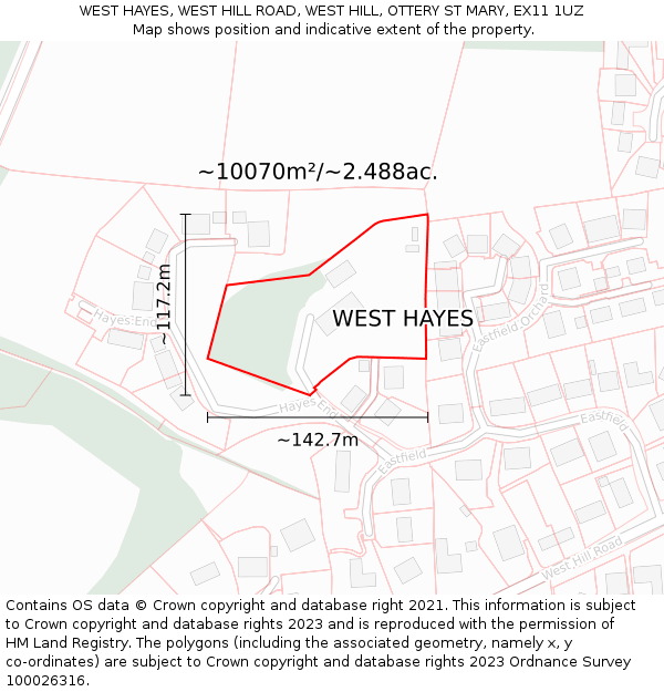 WEST HAYES, WEST HILL ROAD, WEST HILL, OTTERY ST MARY, EX11 1UZ: Plot and title map