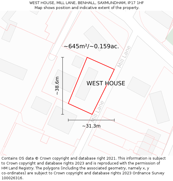 WEST HOUSE, MILL LANE, BENHALL, SAXMUNDHAM, IP17 1HF: Plot and title map