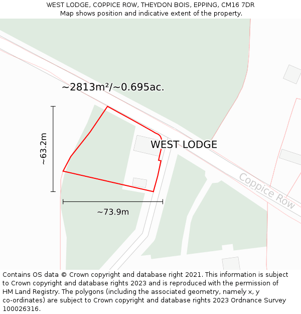 WEST LODGE, COPPICE ROW, THEYDON BOIS, EPPING, CM16 7DR: Plot and title map