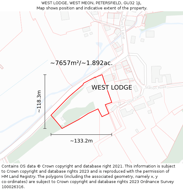 WEST LODGE, WEST MEON, PETERSFIELD, GU32 1JL: Plot and title map