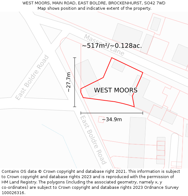 WEST MOORS, MAIN ROAD, EAST BOLDRE, BROCKENHURST, SO42 7WD: Plot and title map