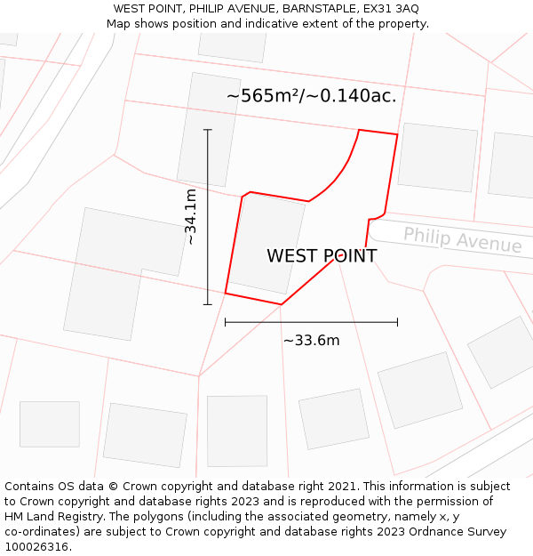 WEST POINT, PHILIP AVENUE, BARNSTAPLE, EX31 3AQ: Plot and title map