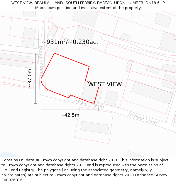 WEST VIEW, BEAULAHLAND, SOUTH FERRIBY, BARTON-UPON-HUMBER, DN18 6HP: Plot and title map