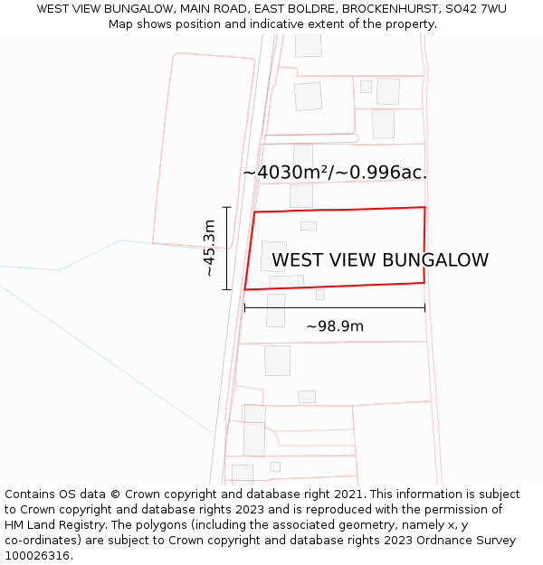 WEST VIEW BUNGALOW, MAIN ROAD, EAST BOLDRE, BROCKENHURST, SO42 7WU: Plot and title map