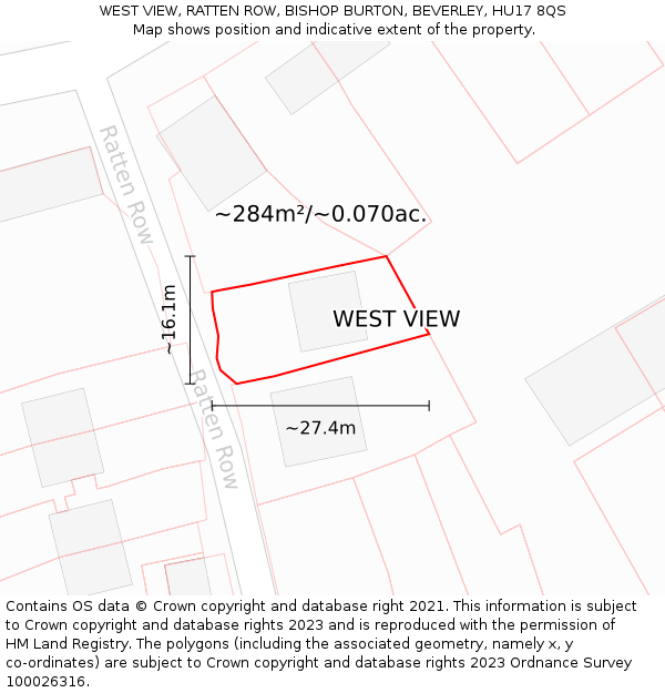 WEST VIEW, RATTEN ROW, BISHOP BURTON, BEVERLEY, HU17 8QS: Plot and title map