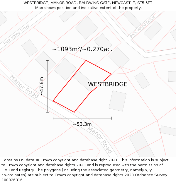 WESTBRIDGE, MANOR ROAD, BALDWINS GATE, NEWCASTLE, ST5 5ET: Plot and title map