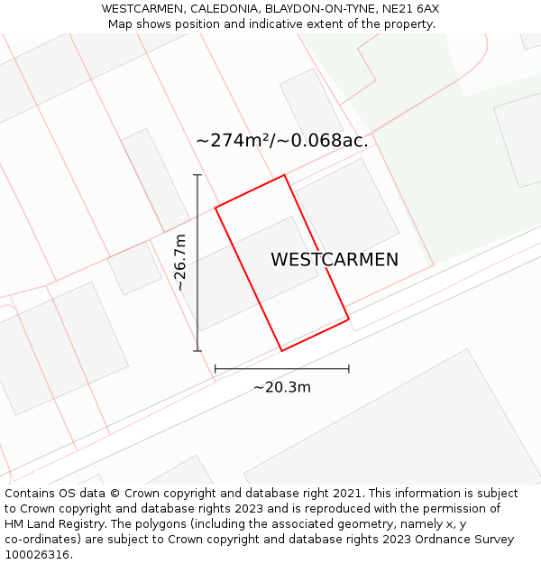 WESTCARMEN, CALEDONIA, BLAYDON-ON-TYNE, NE21 6AX: Plot and title map