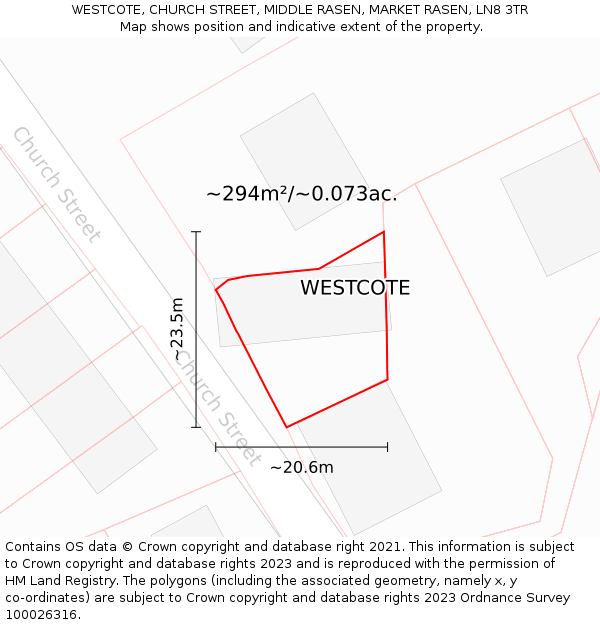 WESTCOTE, CHURCH STREET, MIDDLE RASEN, MARKET RASEN, LN8 3TR: Plot and title map