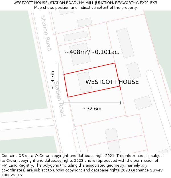 WESTCOTT HOUSE, STATION ROAD, HALWILL JUNCTION, BEAWORTHY, EX21 5XB: Plot and title map