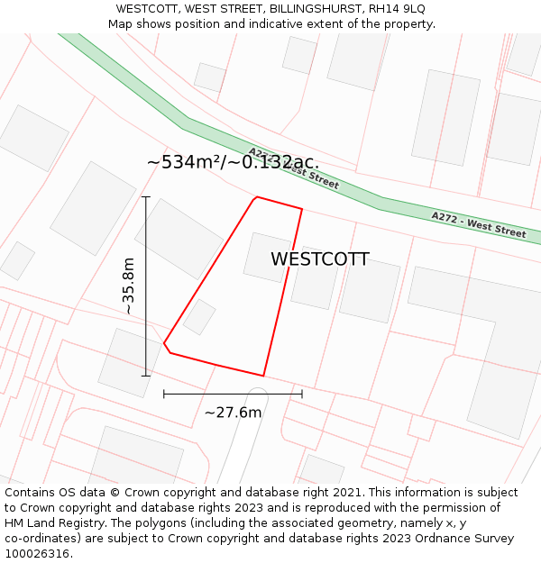WESTCOTT, WEST STREET, BILLINGSHURST, RH14 9LQ: Plot and title map