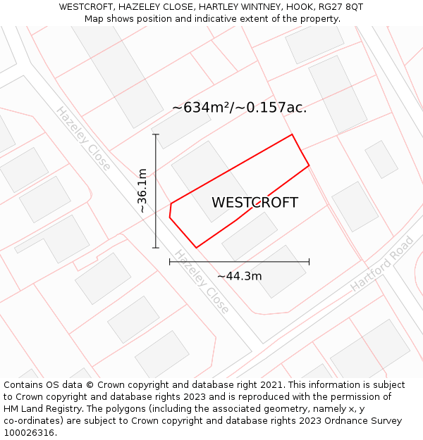 WESTCROFT, HAZELEY CLOSE, HARTLEY WINTNEY, HOOK, RG27 8QT: Plot and title map
