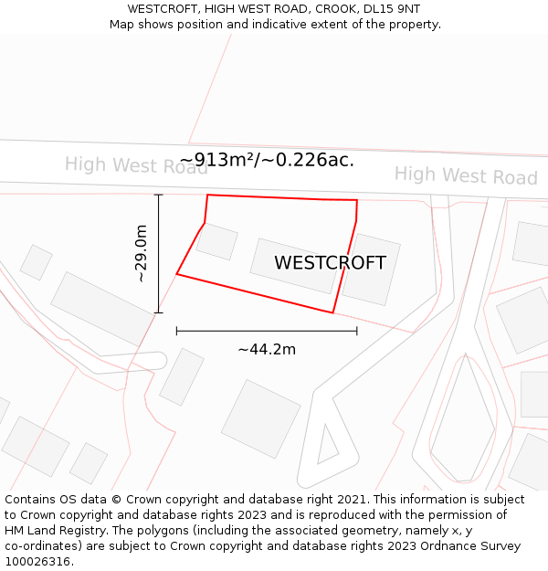 WESTCROFT, HIGH WEST ROAD, CROOK, DL15 9NT: Plot and title map
