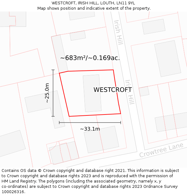 WESTCROFT, IRISH HILL, LOUTH, LN11 9YL: Plot and title map