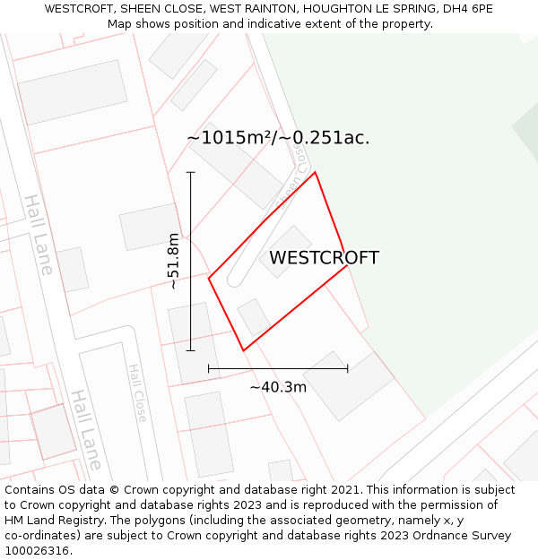 WESTCROFT, SHEEN CLOSE, WEST RAINTON, HOUGHTON LE SPRING, DH4 6PE: Plot and title map