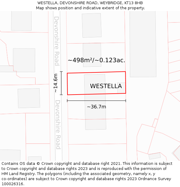 WESTELLA, DEVONSHIRE ROAD, WEYBRIDGE, KT13 8HB: Plot and title map
