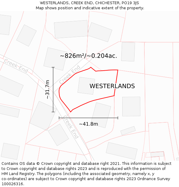 WESTERLANDS, CREEK END, CHICHESTER, PO19 3JS: Plot and title map