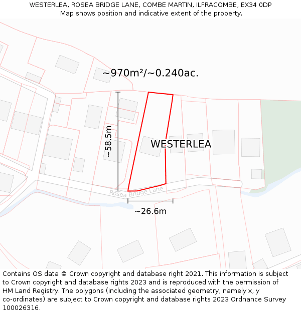 WESTERLEA, ROSEA BRIDGE LANE, COMBE MARTIN, ILFRACOMBE, EX34 0DP: Plot and title map