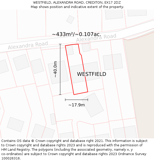 WESTFIELD, ALEXANDRA ROAD, CREDITON, EX17 2DZ: Plot and title map