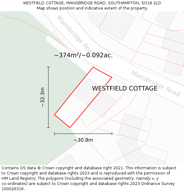 WESTFIELD COTTAGE, MANSBRIDGE ROAD, SOUTHAMPTON, SO18 2LD: Plot and title map