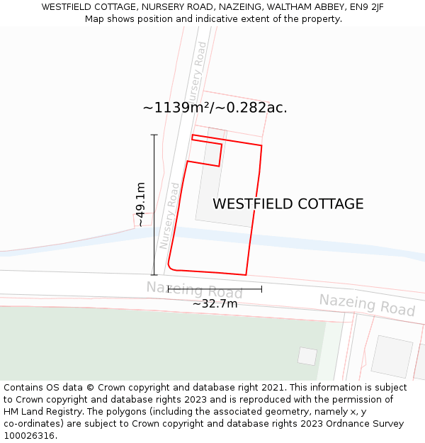 WESTFIELD COTTAGE, NURSERY ROAD, NAZEING, WALTHAM ABBEY, EN9 2JF: Plot and title map
