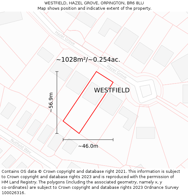 WESTFIELD, HAZEL GROVE, ORPINGTON, BR6 8LU: Plot and title map