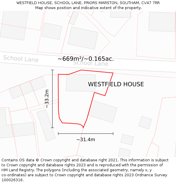 WESTFIELD HOUSE, SCHOOL LANE, PRIORS MARSTON, SOUTHAM, CV47 7RR: Plot and title map