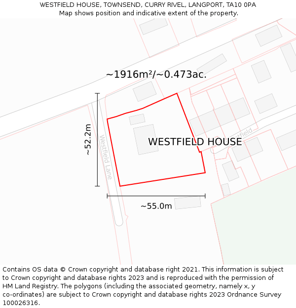 WESTFIELD HOUSE, TOWNSEND, CURRY RIVEL, LANGPORT, TA10 0PA: Plot and title map