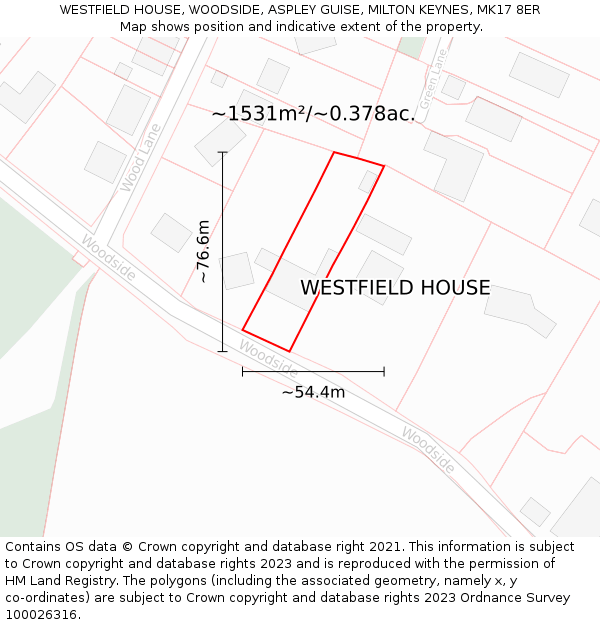 WESTFIELD HOUSE, WOODSIDE, ASPLEY GUISE, MILTON KEYNES, MK17 8ER: Plot and title map