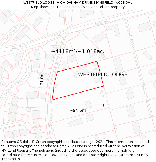 WESTFIELD LODGE, HIGH OAKHAM DRIVE, MANSFIELD, NG18 5AL: Plot and title map