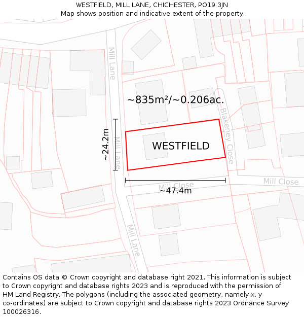 WESTFIELD, MILL LANE, CHICHESTER, PO19 3JN: Plot and title map