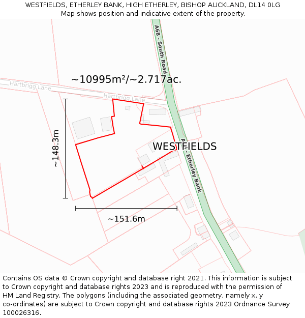 WESTFIELDS, ETHERLEY BANK, HIGH ETHERLEY, BISHOP AUCKLAND, DL14 0LG: Plot and title map