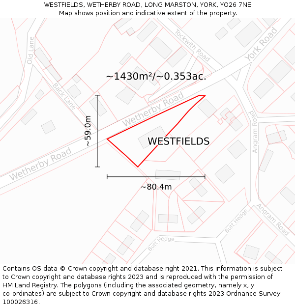 WESTFIELDS, WETHERBY ROAD, LONG MARSTON, YORK, YO26 7NE: Plot and title map