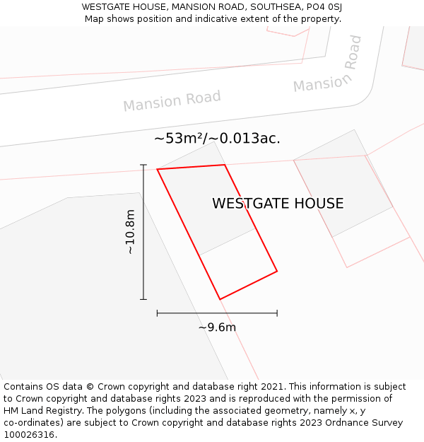 WESTGATE HOUSE, MANSION ROAD, SOUTHSEA, PO4 0SJ: Plot and title map