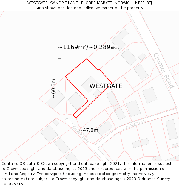 WESTGATE, SANDPIT LANE, THORPE MARKET, NORWICH, NR11 8TJ: Plot and title map