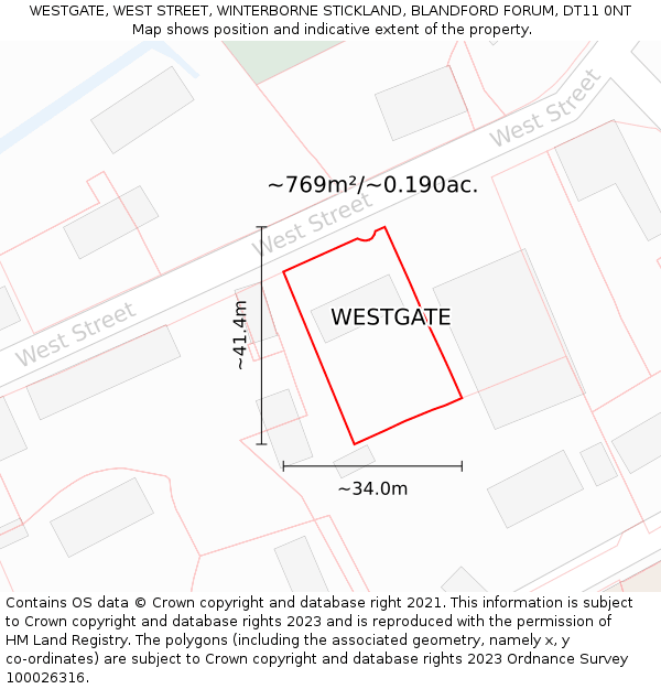 WESTGATE, WEST STREET, WINTERBORNE STICKLAND, BLANDFORD FORUM, DT11 0NT: Plot and title map