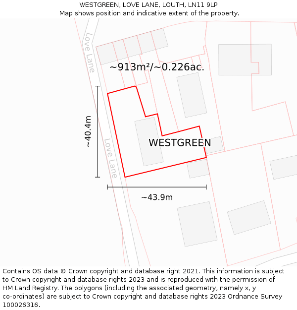 WESTGREEN, LOVE LANE, LOUTH, LN11 9LP: Plot and title map