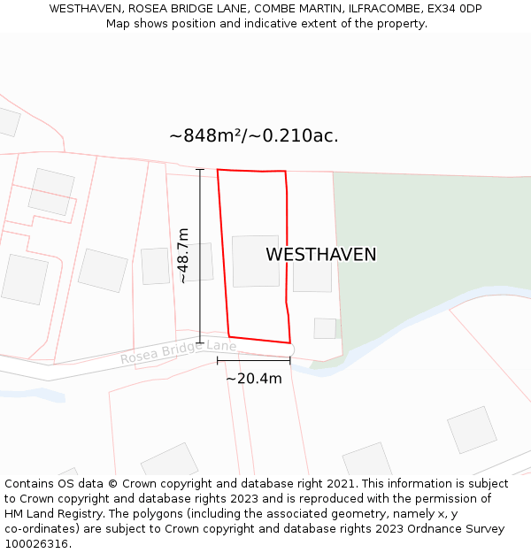 WESTHAVEN, ROSEA BRIDGE LANE, COMBE MARTIN, ILFRACOMBE, EX34 0DP: Plot and title map