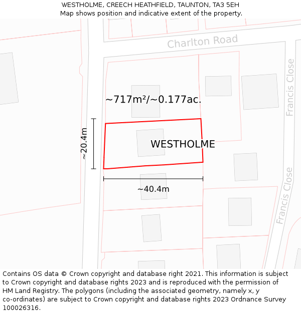 WESTHOLME, CREECH HEATHFIELD, TAUNTON, TA3 5EH: Plot and title map